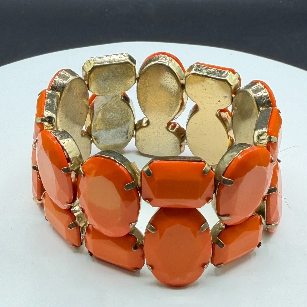 Orange Faceted Rhinestone Stretch Bracelet Chunky Statement Cocktail Boho Gift